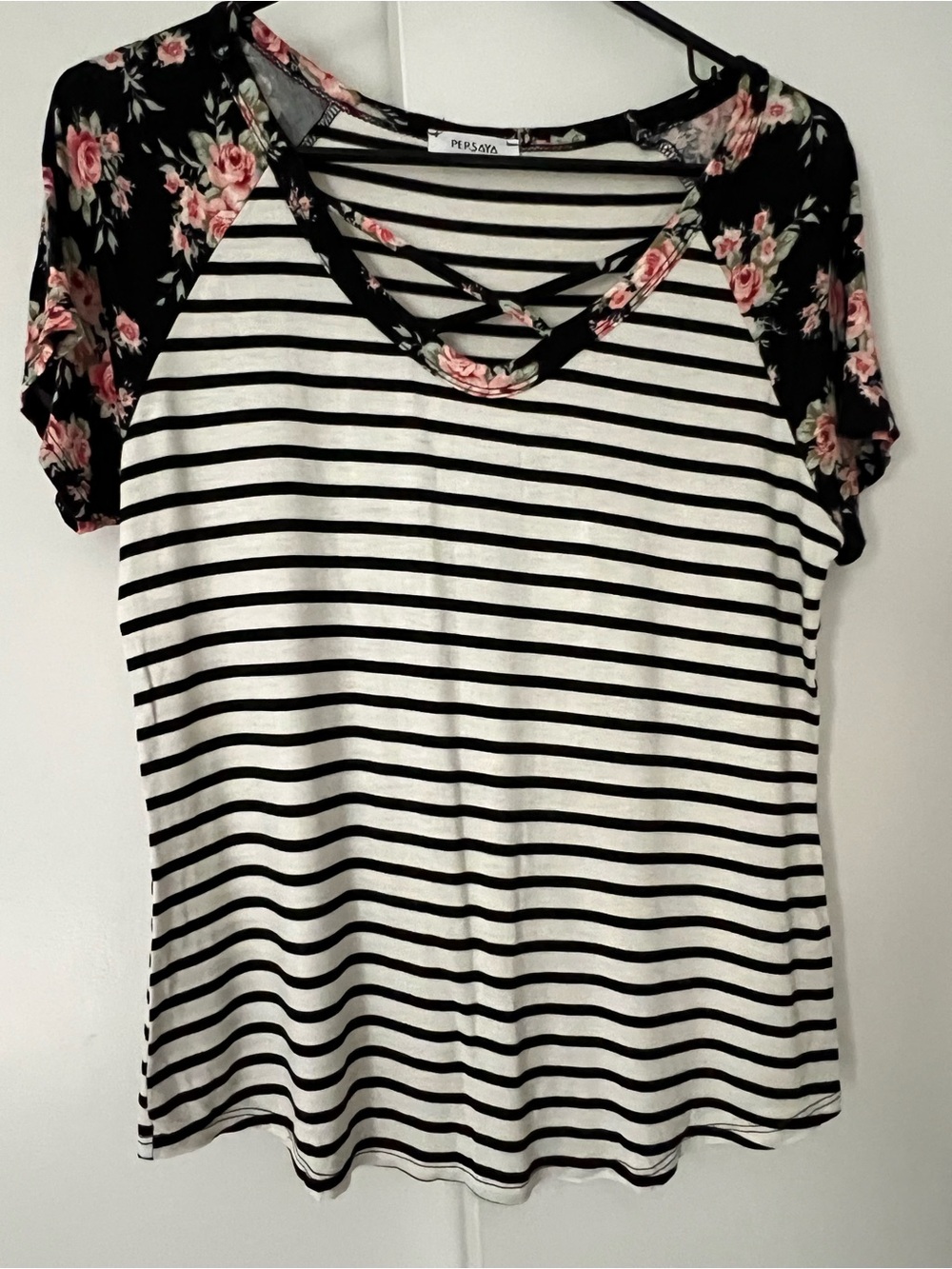 Persaya Black & White Striped Top with Floral Raglan Sleeves